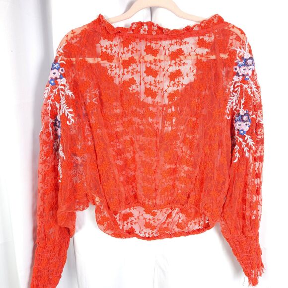 Free People Womens XS Red Floral Jubilee Embroidered Sheer Blouse Top - Picture 4 of 8